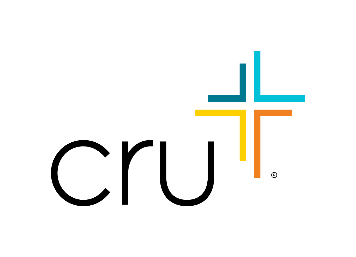 Cru logo featuring a stylized cross in blue, yellow, and orange next to the word Cru in bold black letters on a white background, conveying a modern and welcoming tone